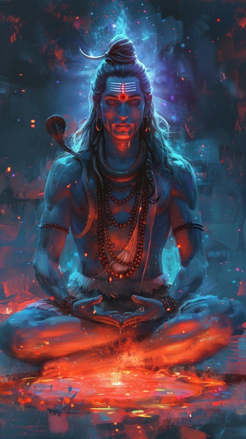 Serene Lord Shiva sitting in lotus position surrounded by a glowing aura Aesthetic (132)