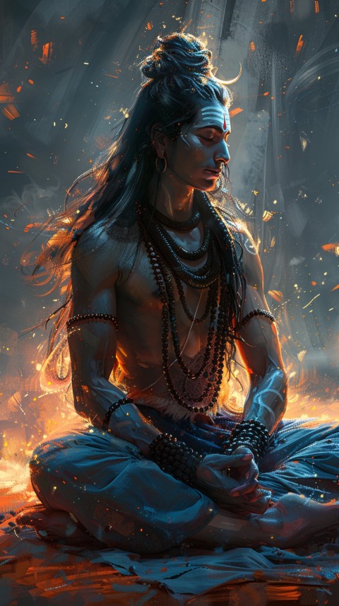 Serene Lord Shiva sitting in lotus position surrounded by a glowing aura Aesthetic (133)