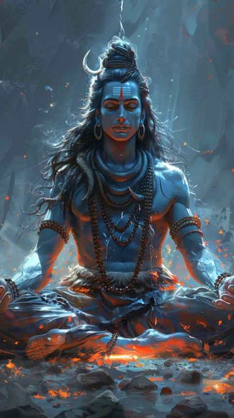 Serene Lord Shiva sitting in lotus position surrounded by a glowing aura Aesthetic (125)