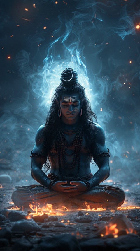 Serene Lord Shiva sitting in lotus position surrounded by a glowing aura Aesthetic (155)