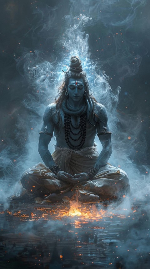 Serene Lord Shiva sitting in lotus position surrounded by a glowing aura Aesthetic (176)