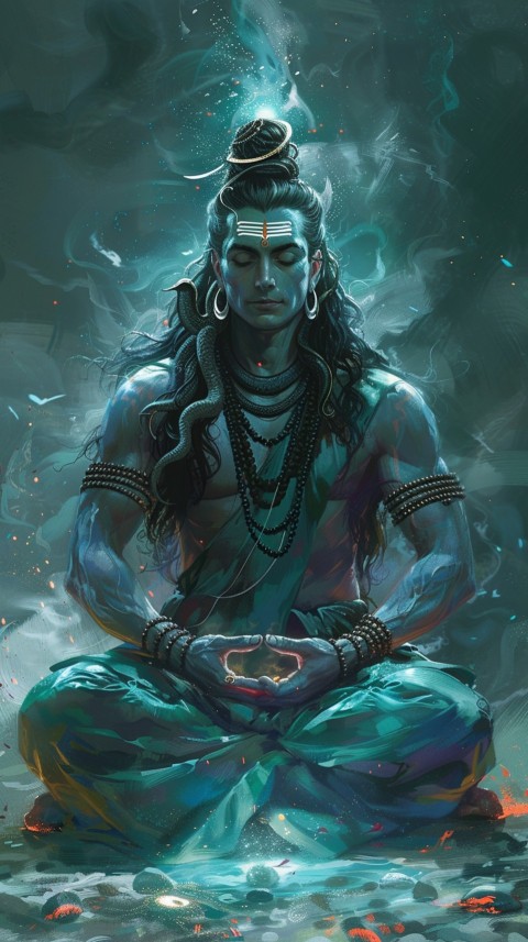 Serene Lord Shiva sitting in lotus position surrounded by a glowing aura Aesthetic (162)