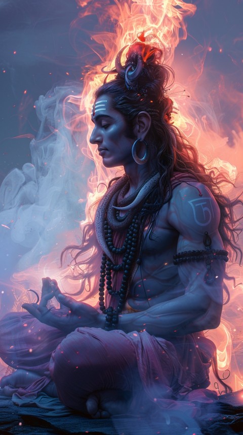 Serene Lord Shiva sitting in lotus position surrounded by a glowing aura Aesthetic (167)