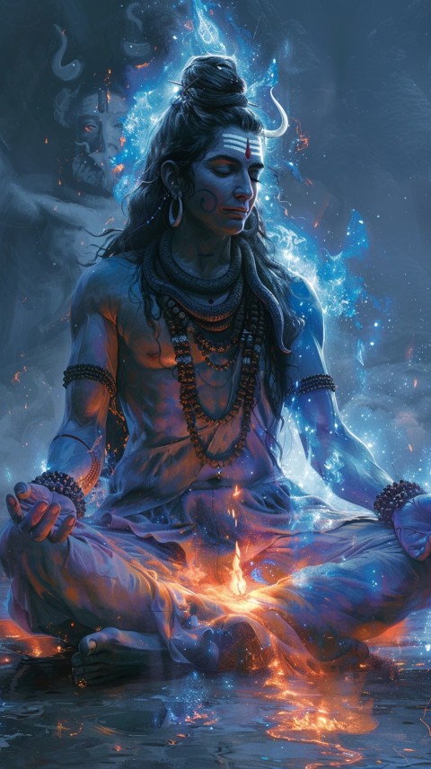 Serene Lord Shiva sitting in lotus position surrounded by a glowing aura Aesthetic (163)