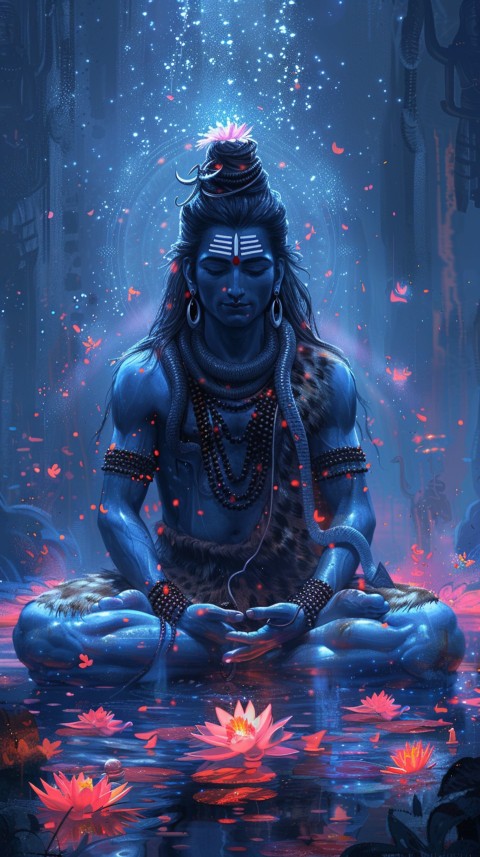 Serene Lord Shiva sitting in lotus position surrounded by a glowing aura Aesthetic (164)