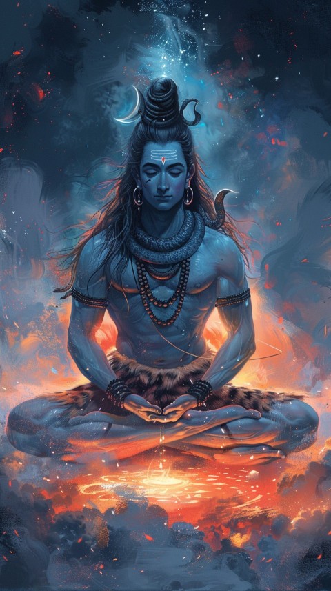 Serene Lord Shiva sitting in lotus position surrounded by a glowing aura Aesthetic (172)