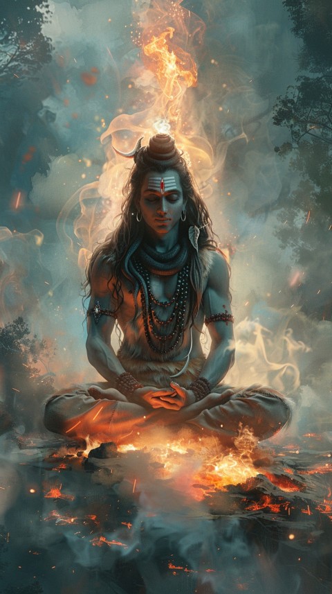 Serene Lord Shiva sitting in lotus position surrounded by a glowing aura Aesthetic (178)