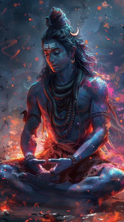 Serene Lord Shiva sitting in lotus position surrounded by a glowing aura Aesthetic (171)