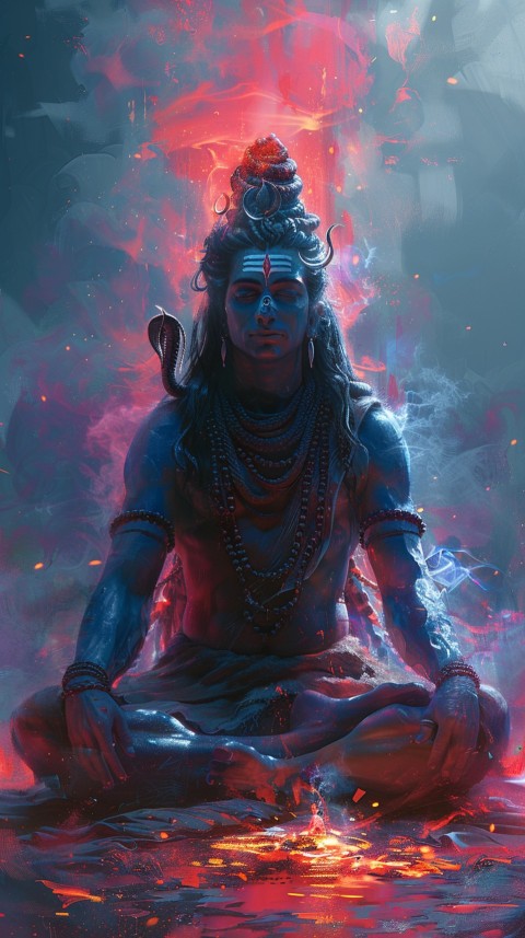 Serene Lord Shiva sitting in lotus position surrounded by a glowing aura Aesthetic (166)