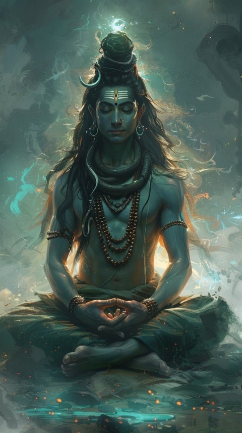 Serene Lord Shiva sitting in lotus position surrounded by a glowing aura Aesthetic (168)