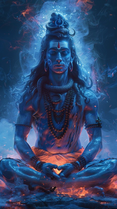 Serene Lord Shiva sitting in lotus position surrounded by a glowing aura Aesthetic (161)