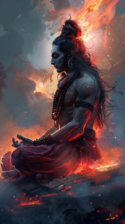 Serene Lord Shiva sitting in lotus position surrounded by a glowing aura Aesthetic (174)