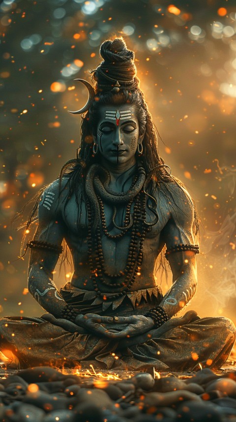 Serene Lord Shiva sitting in lotus position surrounded by a glowing aura Aesthetic (175)