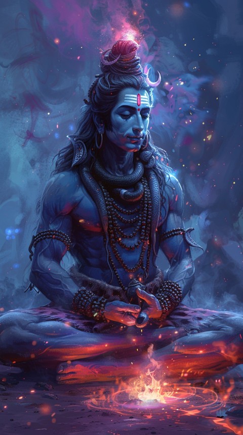 Serene Lord Shiva sitting in lotus position surrounded by a glowing aura Aesthetic (190)