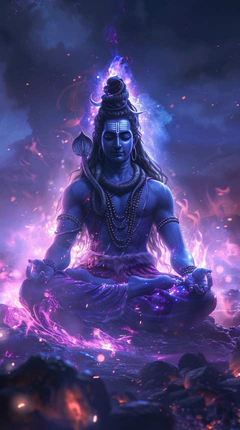 Serene Lord Shiva sitting in lotus position surrounded by a glowing aura Aesthetic (181)