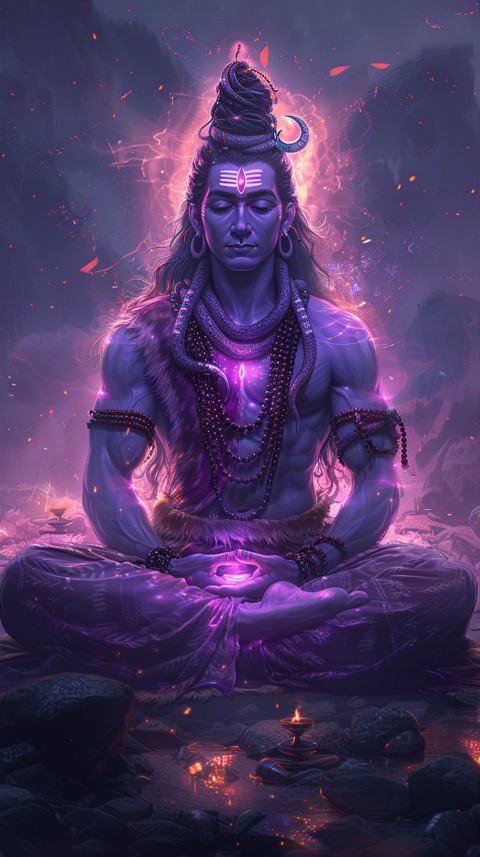 Serene Lord Shiva sitting in lotus position surrounded by a glowing aura Aesthetic (200)