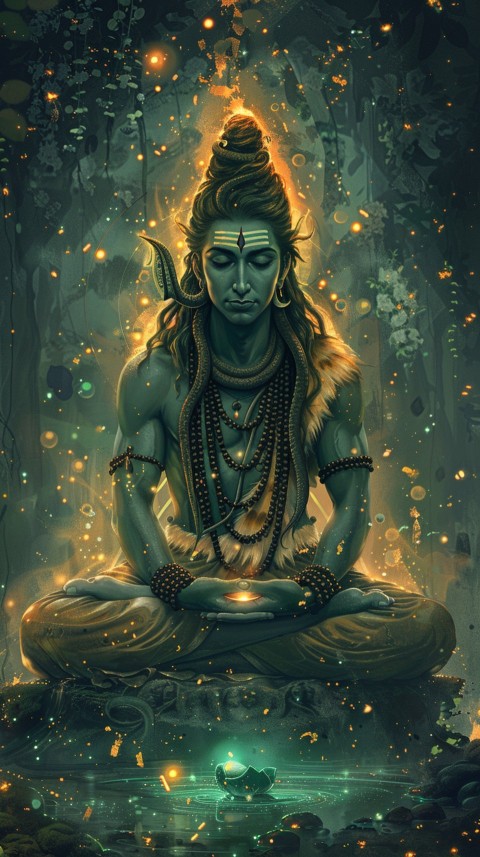 Serene Lord Shiva sitting in lotus position surrounded by a glowing aura Aesthetic (182)