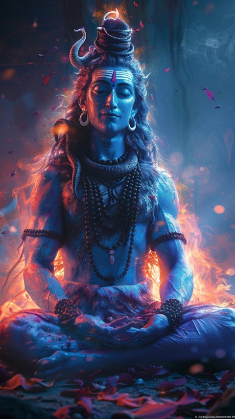 Serene Lord Shiva sitting in lotus position surrounded by a glowing aura Aesthetic (209)