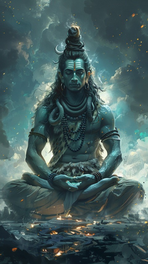 Serene Lord Shiva sitting in lotus position surrounded by a glowing aura Aesthetic (215)