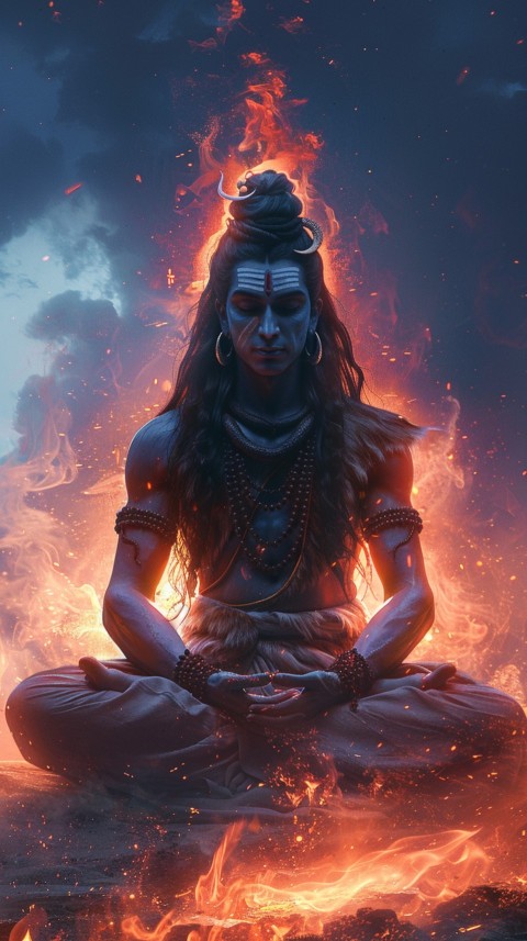 Serene Lord Shiva sitting in lotus position surrounded by a glowing aura Aesthetic (219)