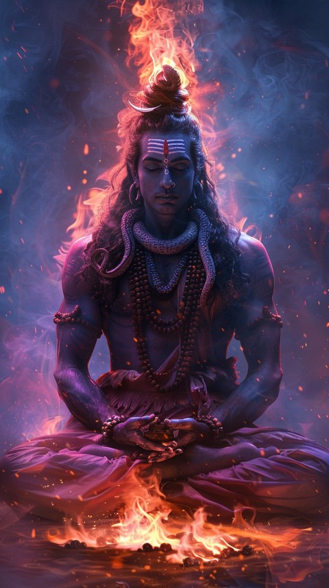 Serene Lord Shiva sitting in lotus position surrounded by a glowing aura Aesthetic (210)