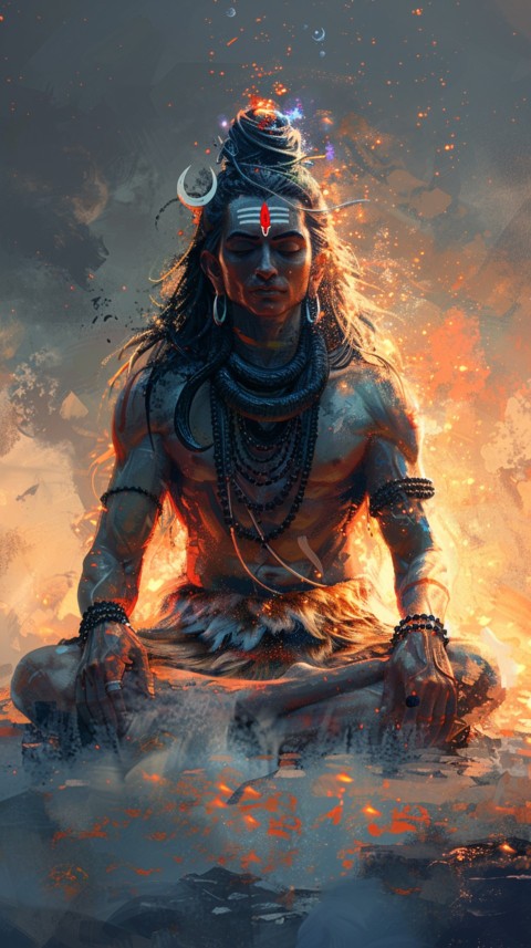 Serene Lord Shiva sitting in lotus position surrounded by a glowing aura Aesthetic (233)