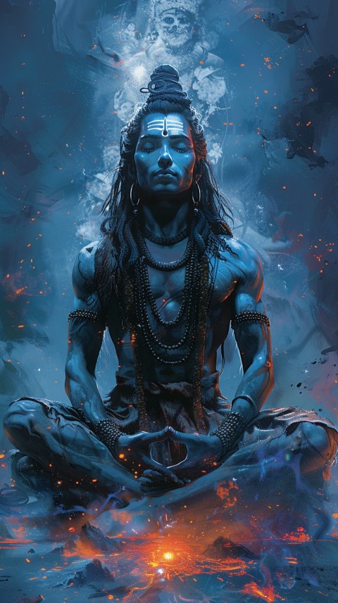 Serene Lord Shiva sitting in lotus position surrounded by a glowing aura Aesthetic (240)