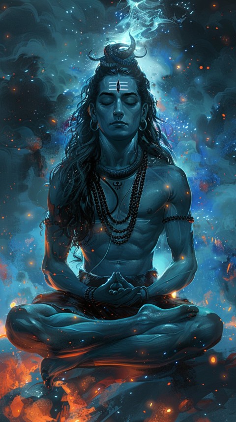 Serene Lord Shiva sitting in lotus position surrounded by a glowing aura Aesthetic (222)