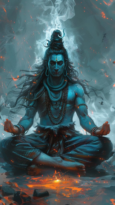 Serene Lord Shiva sitting in lotus position surrounded by a glowing aura Aesthetic (224)