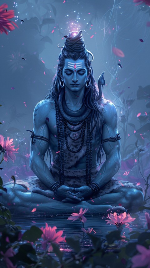 Serene Lord Shiva sitting in lotus position surrounded by a glowing aura Aesthetic (242)