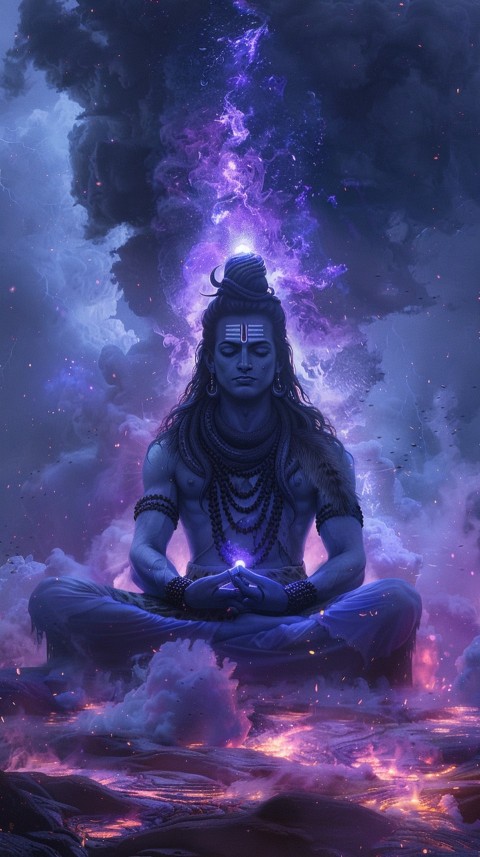 Serene Lord Shiva sitting in lotus position surrounded by a glowing aura Aesthetic (229)