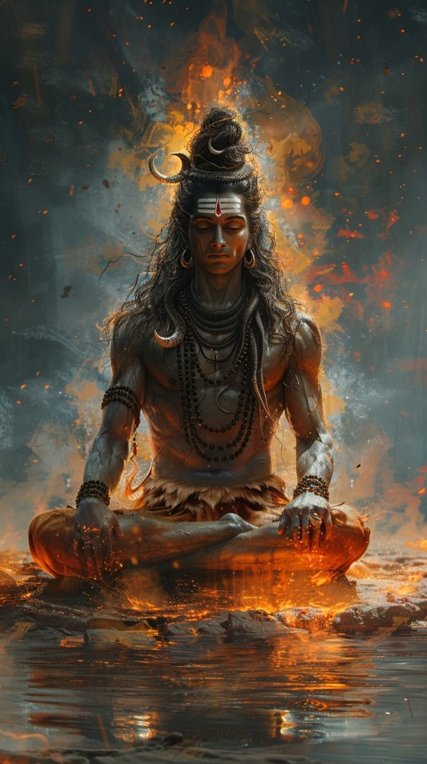 Serene Lord Shiva sitting in lotus position surrounded by a glowing aura Aesthetic (230)