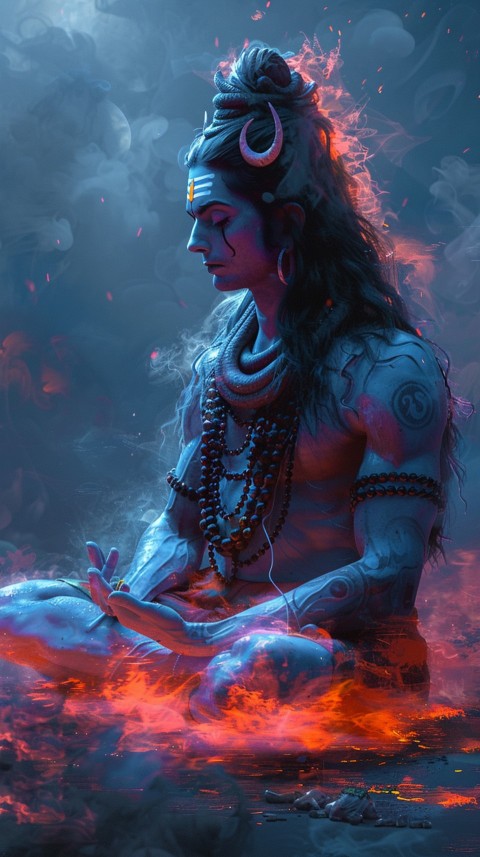 Serene Lord Shiva sitting in lotus position surrounded by a glowing aura Aesthetic (241)