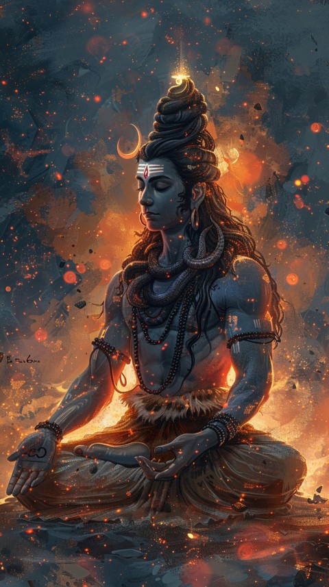 Serene Lord Shiva sitting in lotus position surrounded by a glowing aura Aesthetic (225)