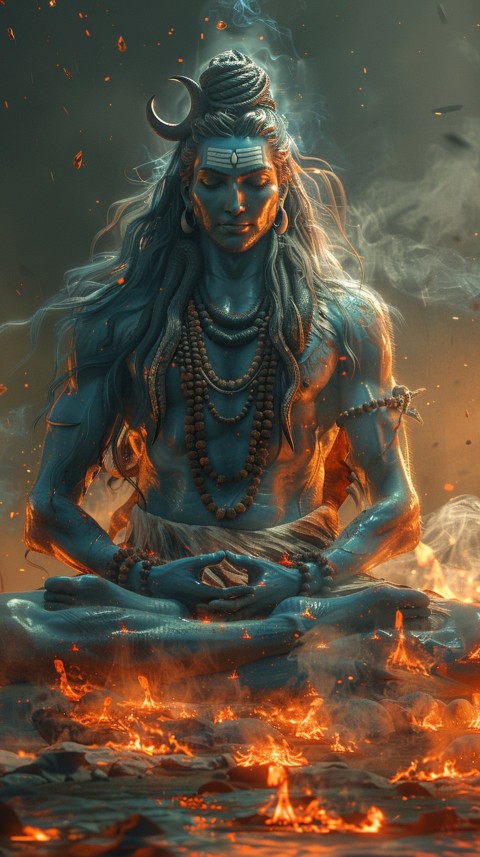 Serene Lord Shiva sitting in lotus position surrounded by a glowing aura Aesthetic (238)