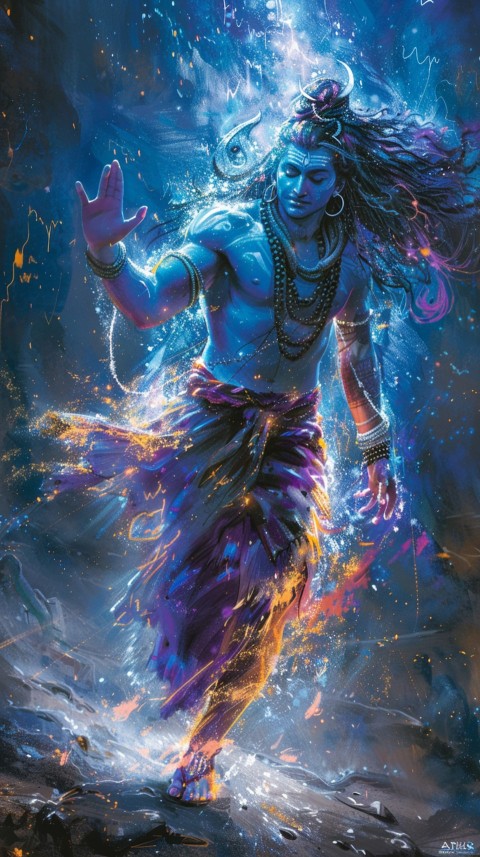 Vibrant depiction of Lord Shiva performing the cosmic dance, Tandava, with dynamic energy (8)