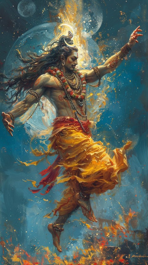 Vibrant depiction of Lord Shiva performing the cosmic dance, Tandava, with dynamic energy (7)