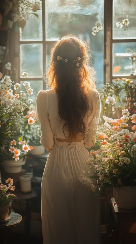 Back Shot of a Woman Arranging Flowers in Sunshine – Feminine Blogger Aesthetic (69)