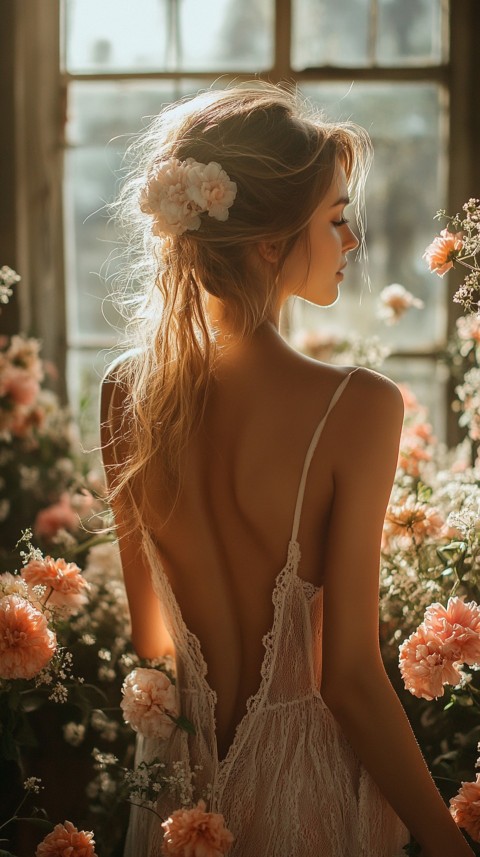 Back Shot of a Woman Arranging Flowers in Sunshine – Feminine Blogger Aesthetic (84)