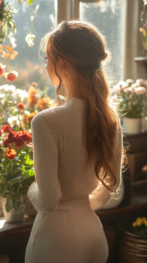 Back Shot of a Woman Arranging Flowers in Sunshine – Feminine Blogger Aesthetic (100)