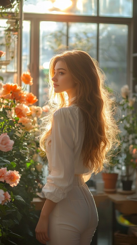 Back Shot of a Woman Arranging Flowers in Sunshine – Feminine Blogger Aesthetic (127)