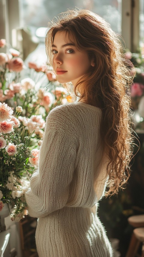 Back Shot of a Woman Arranging Flowers in Sunshine – Feminine Blogger Aesthetic (111)