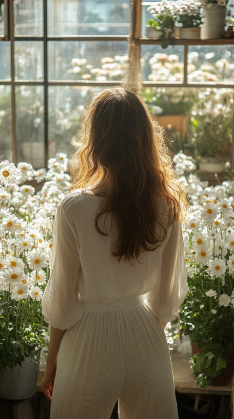 Back Shot of a Woman Arranging Flowers in Sunshine – Feminine Blogger Aesthetic (121)