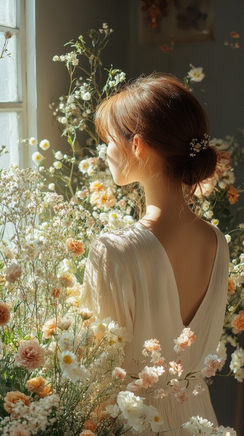 Back Shot of a Woman Arranging Flowers in Sunshine – Feminine Blogger Aesthetic (129)