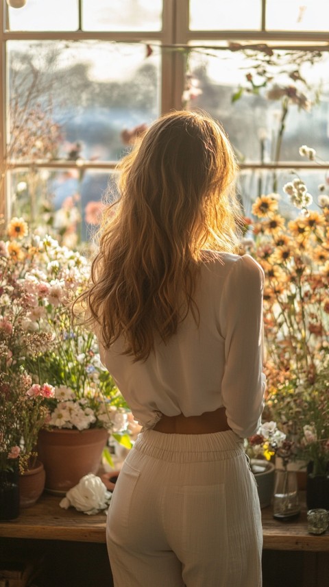 Back Shot of a Woman Arranging Flowers in Sunshine – Feminine Blogger Aesthetic (157)