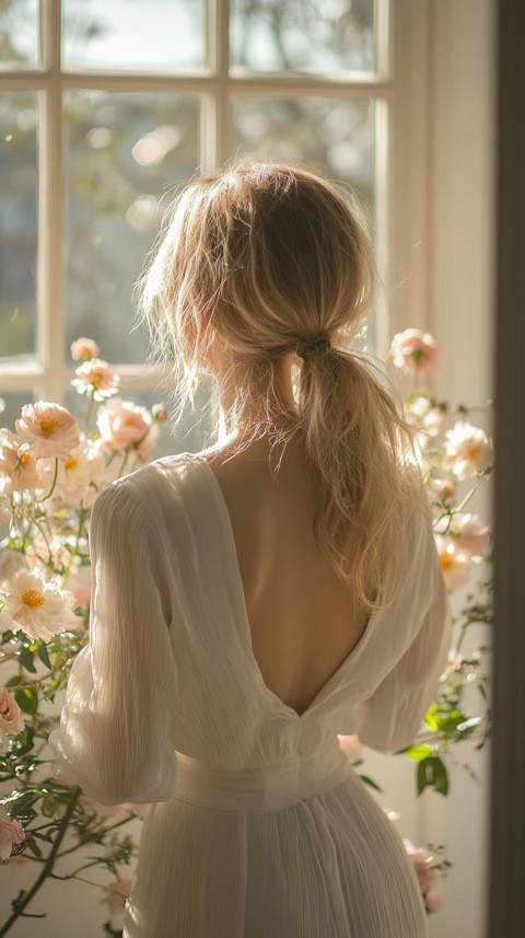 Back Shot of a Woman Arranging Flowers in Sunshine – Feminine Blogger Aesthetic (158)