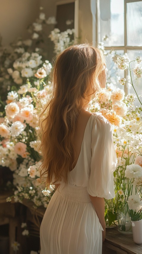 Back Shot of a Woman Arranging Flowers in Sunshine – Feminine Blogger Aesthetic (142)