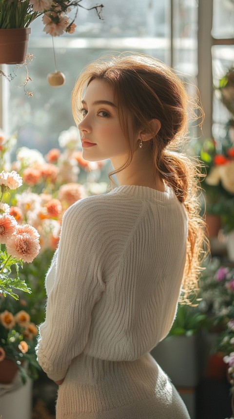 Back Shot of a Woman Arranging Flowers in Sunshine – Feminine Blogger Aesthetic (151)