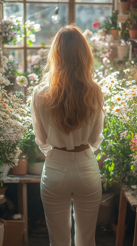 Back Shot of a Woman Arranging Flowers in Sunshine – Feminine Blogger Aesthetic (160)