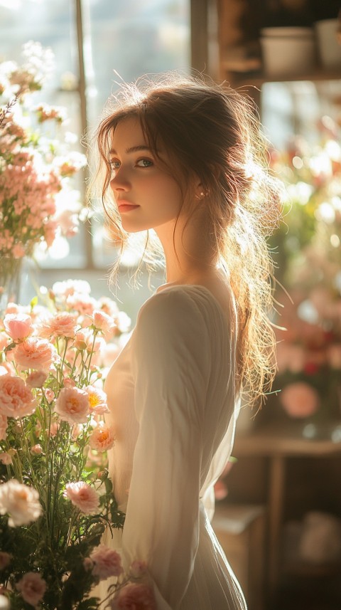 Back Shot of a Woman Arranging Flowers in Sunshine – Feminine Blogger Aesthetic (163)